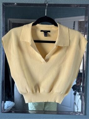 Vintage Academia Cropped Cream Ribbed Collared Knit Boxy Top Size XL